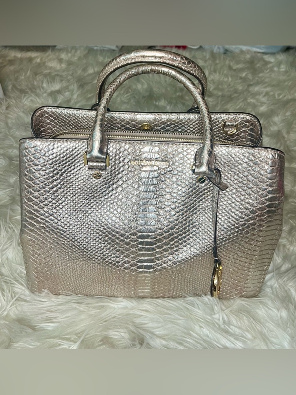Michael Kors Metallic Golden BronzeSnake-Embossed Top-Handle Satchel - Picture 4 of 16
